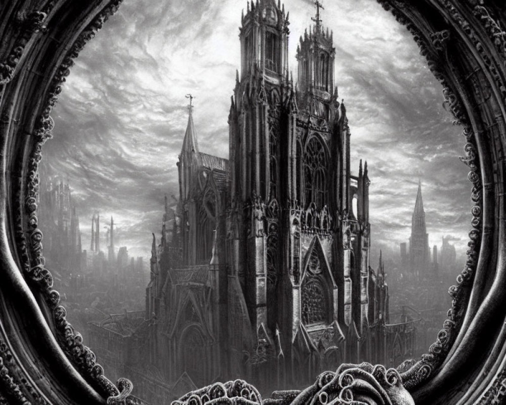 Gothic cathedral with intricate spires framed against misty industrial chimneys