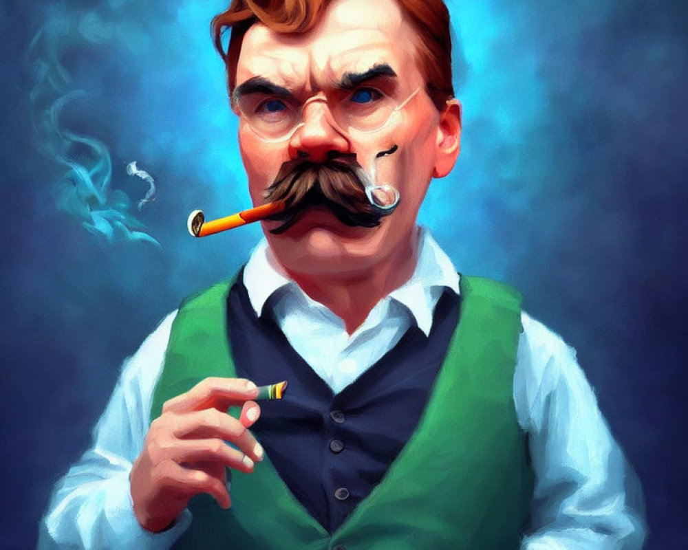 Stylized portrait of a man with a mustache and pipe, in a green vest