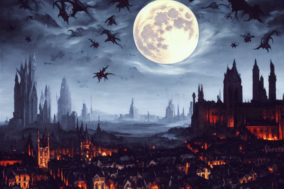 Gothic cityscape at night with dragons and spires