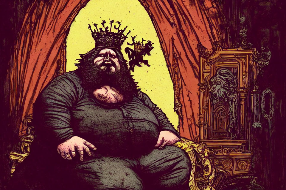 Corpulent king in crown on throne in dark, ornate room