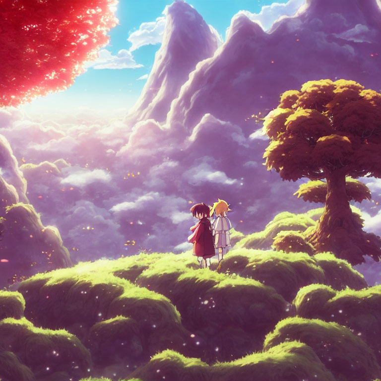 Animated characters holding hands on grassy hill with majestic mountain backdrop