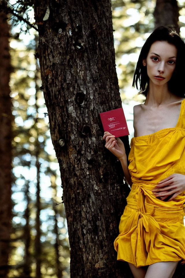 Woman in Yellow Dress Holding Red Book in Forest