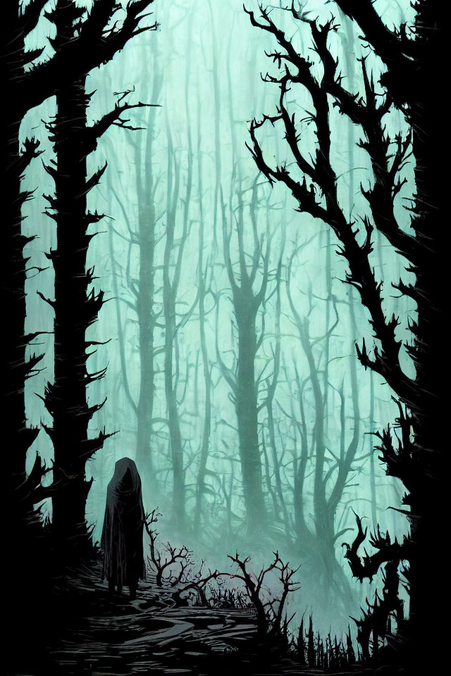 Cloaked figure at edge of misty forest with tall, bare trees