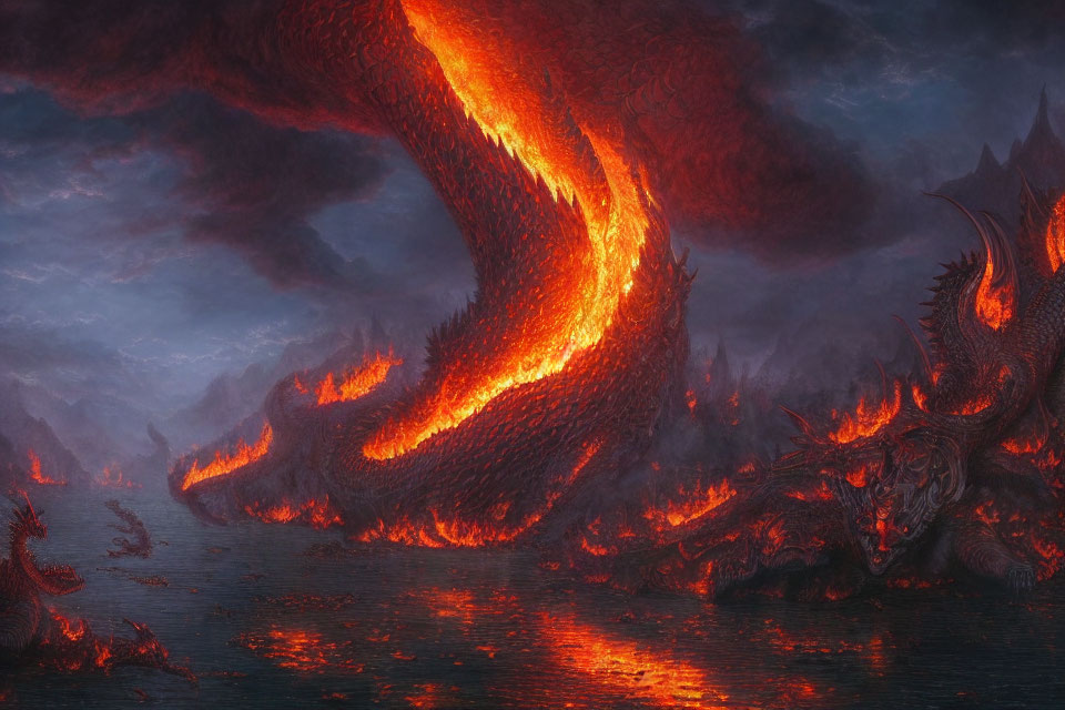 Fiery dragon over molten landscape exudes power.