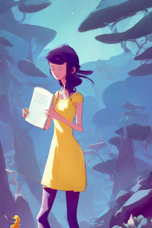 Girl in Yellow Dress Reading Book Surrounded by Underwater Flora