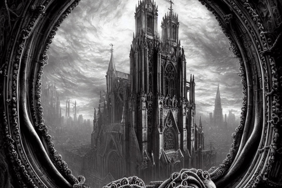 Gothic cathedral with intricate spires framed against misty industrial chimneys