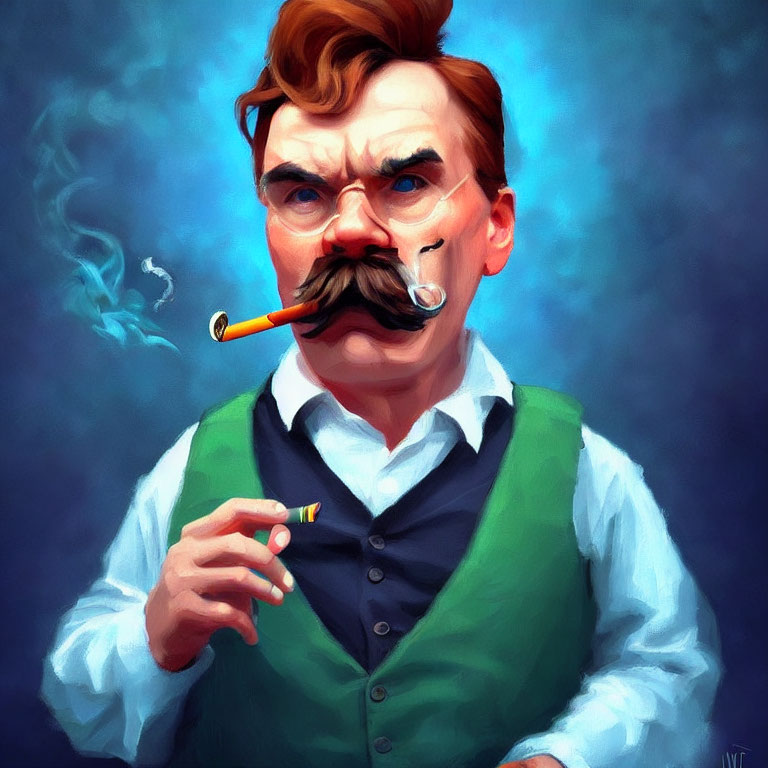 Stylized portrait of a man with a mustache and pipe, in a green vest