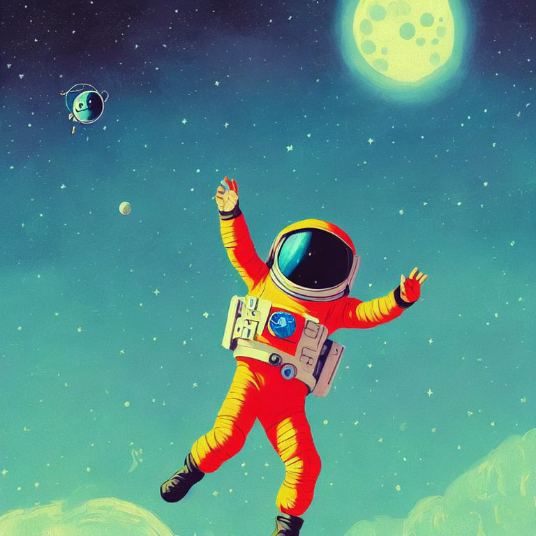 Astronaut floating in space with outstretched arms, satellite, moon, and planet.