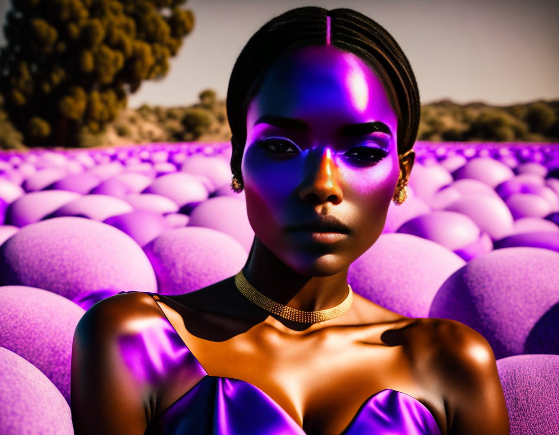 Digital artwork: Woman with glowing purple skin in field of purple spheres under vivid blue sky