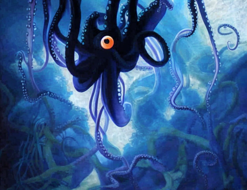 Stylized dark blue octopus with orange eye in deep blue aquatic setting