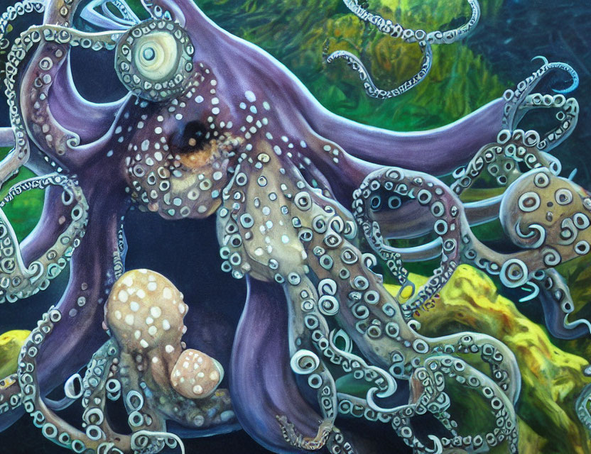 Colorful Octopus Painting with Detailed Tentacles and Underwater Flora