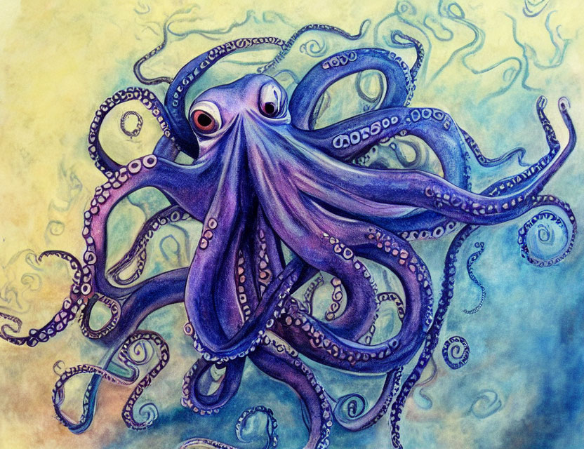 Vibrant octopus illustration on blue and yellow watercolor background