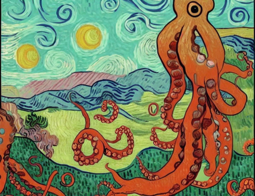 Whimsical reinterpretation of Starry Night with red octopus in foreground