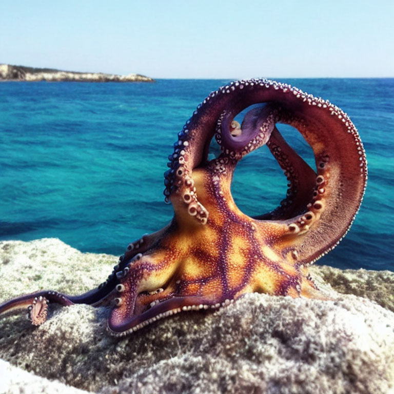 Octopus on rocky shore with blue sea backdrop