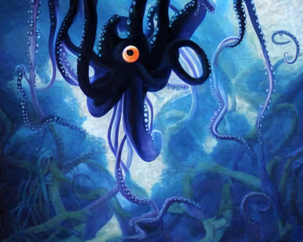 Stylized dark blue octopus with orange eye in deep blue aquatic setting