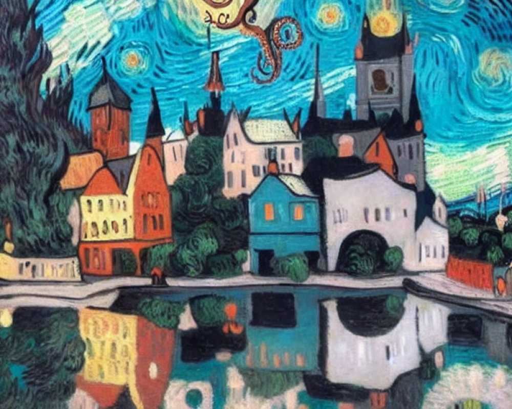 Colorful Expressionist Painting of Village with Starry Sky and Water Reflections