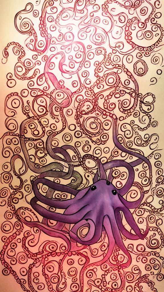 Purple octopus illustration with pink and yellow swirl background