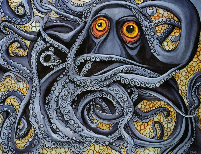 Vibrant orange-eyed octopus on textured tentacles against yellow honeycomb background