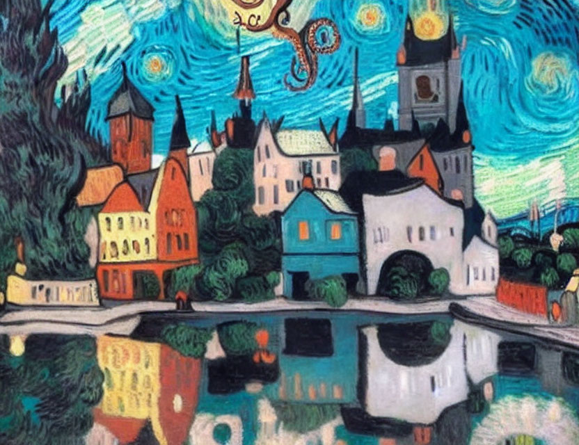 Colorful Expressionist Painting of Village with Starry Sky and Water Reflections