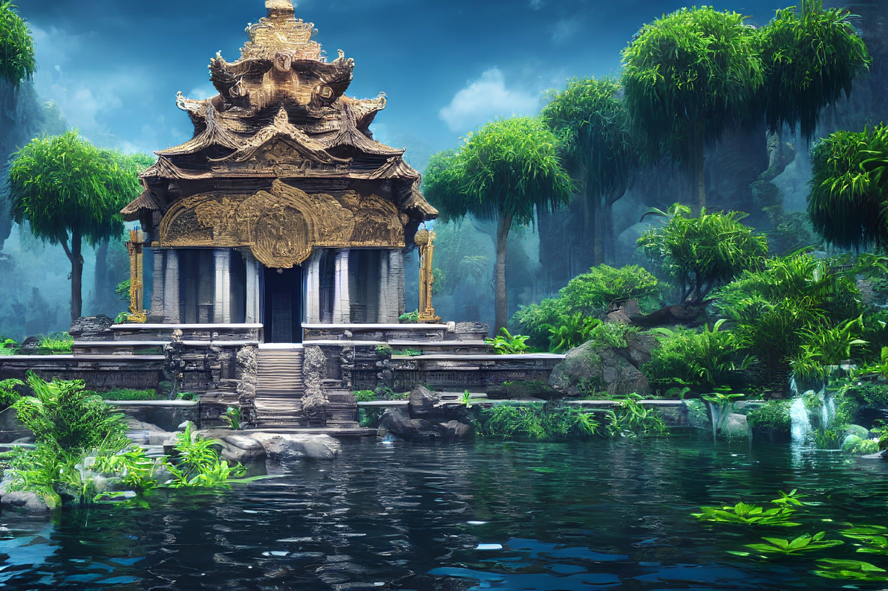 Intricate Temple in Lush Greenery and Tranquil Waters