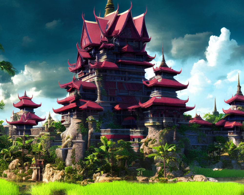 Fantasy-style palace with red roofs in lush greenery and rice paddies