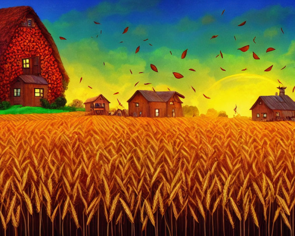 Golden wheat field with farmhouses and sunset sky in vibrant landscape