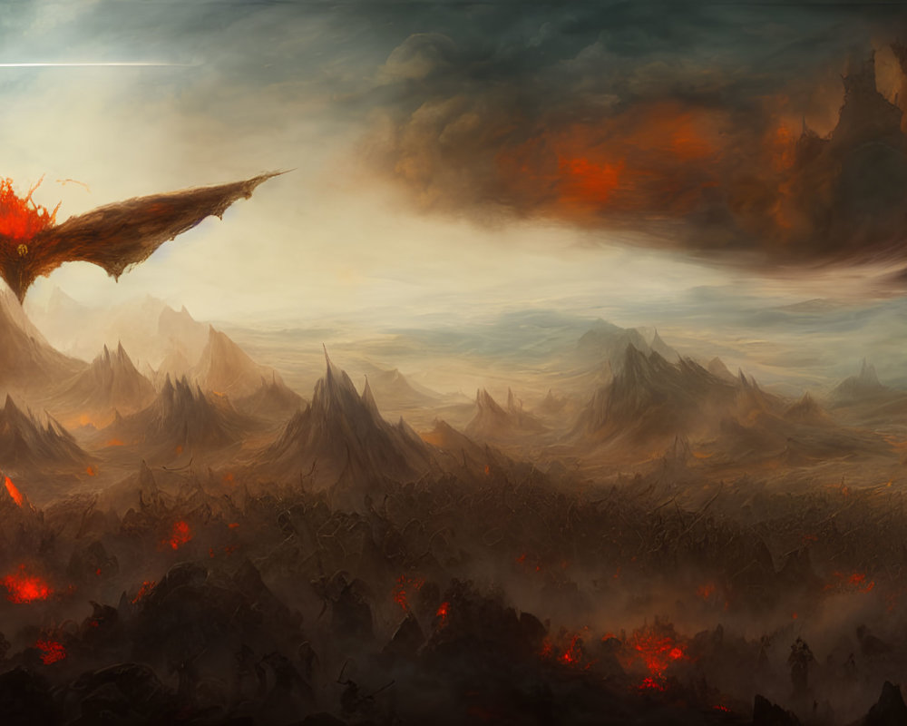 Apocalyptic landscape with fiery peaks and colossal dragon against swirling sky