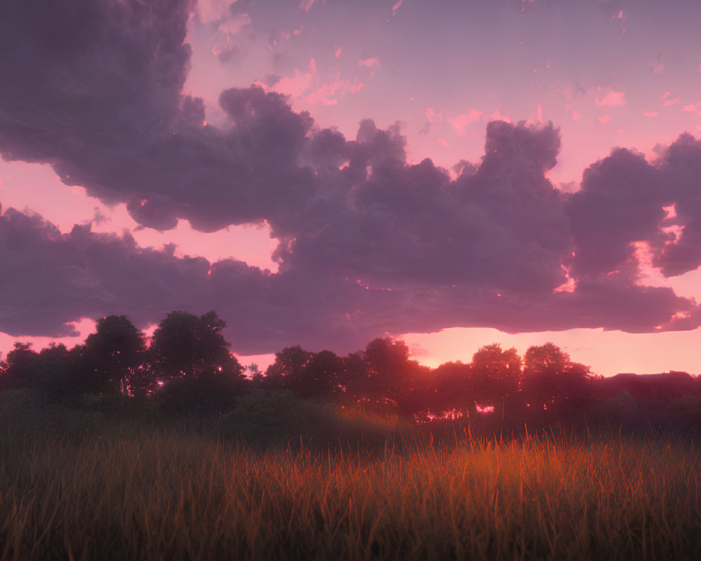 Vibrant pink and purple sunset over golden field and silhouetted trees
