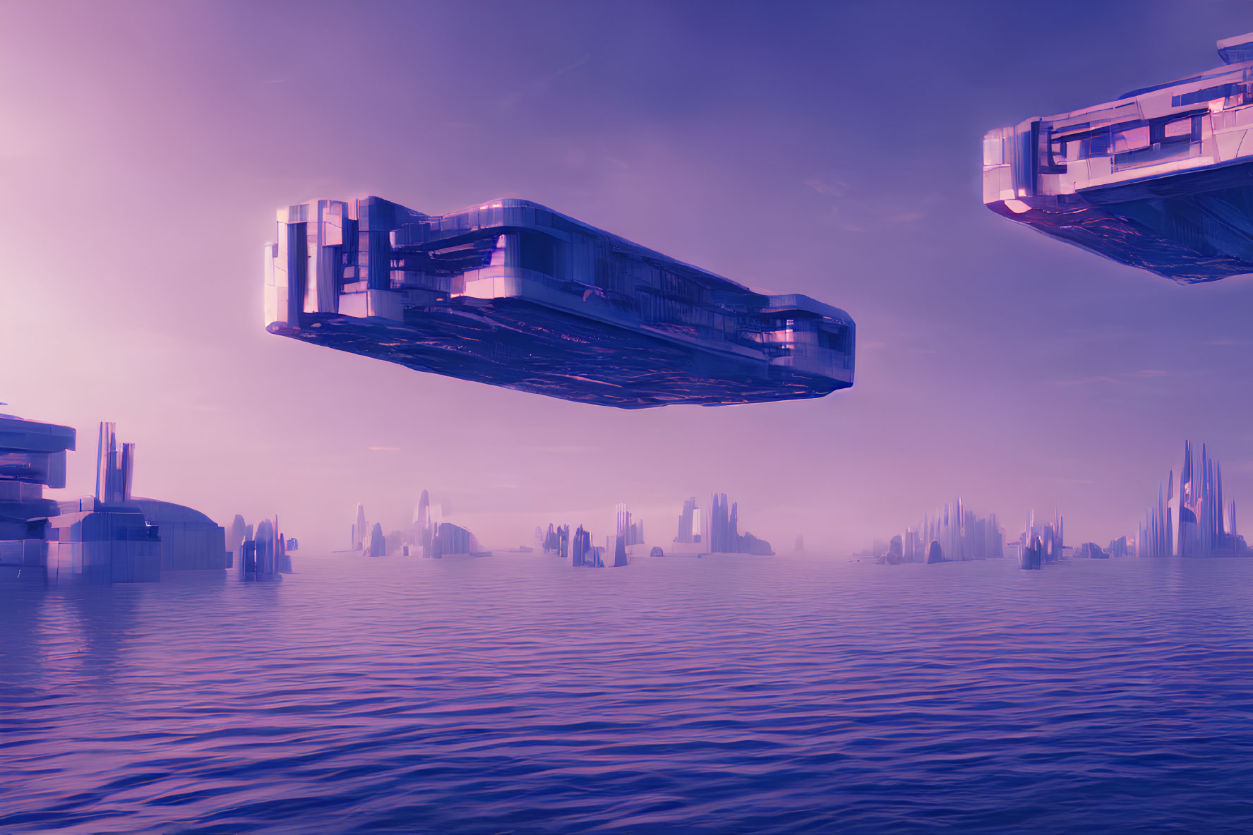 Futuristic ships over tranquil sea with towering structures under purple sky