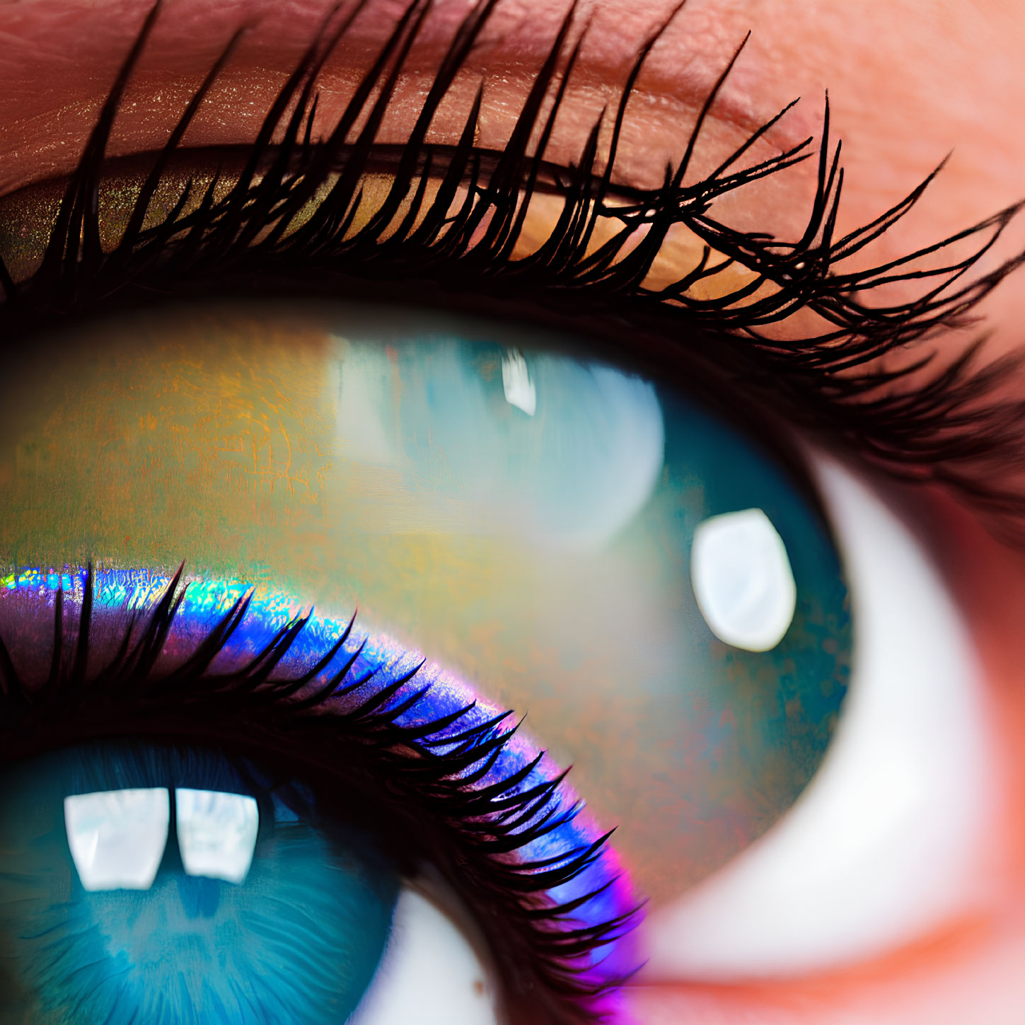 Detailed Close-Up of Human Eye with Teal Irises and Purple Eyeshadow