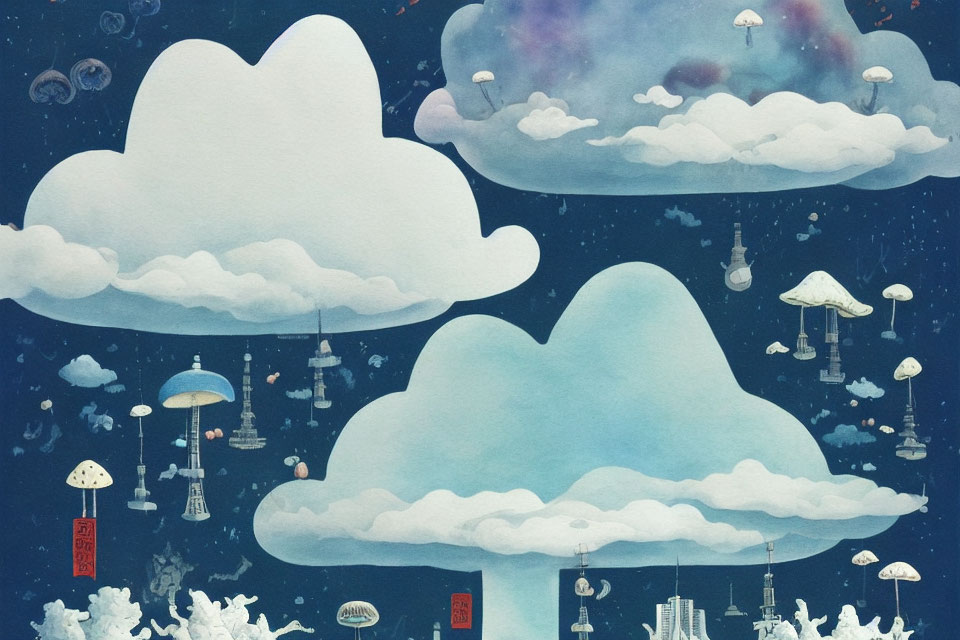 Whimsical mushroom-shaped clouds in dreamy sky with city elements and Chinese lanterns