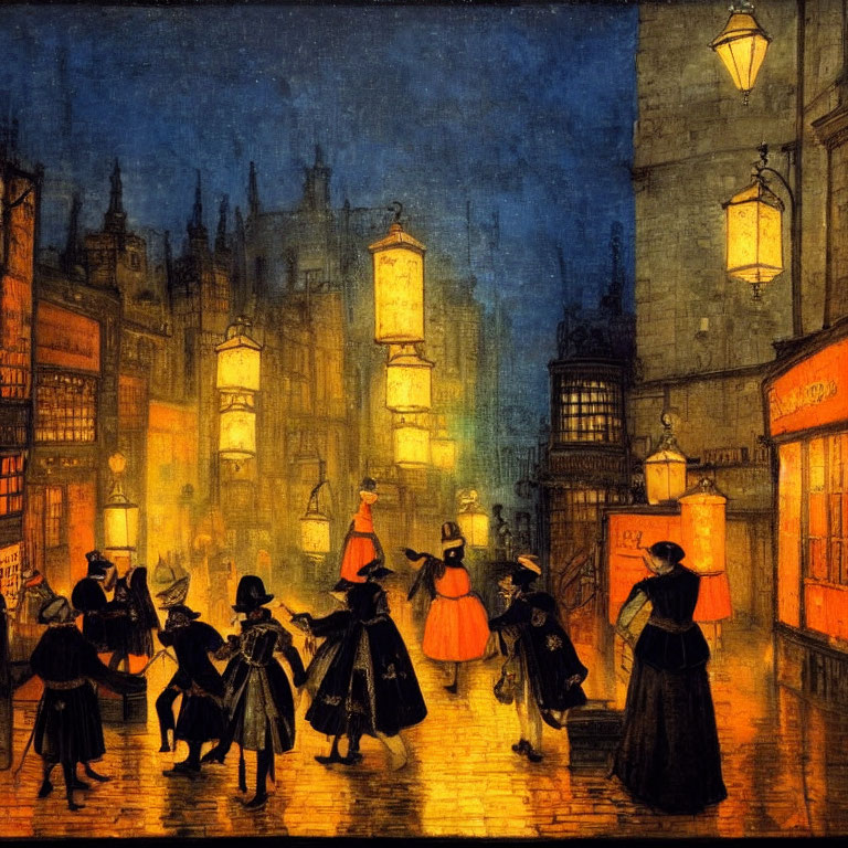 Period Attire People on Lantern-Lit Street at Dusk