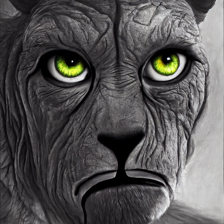 Detailed Monochrome Lion Drawing with Bright Green Eyes