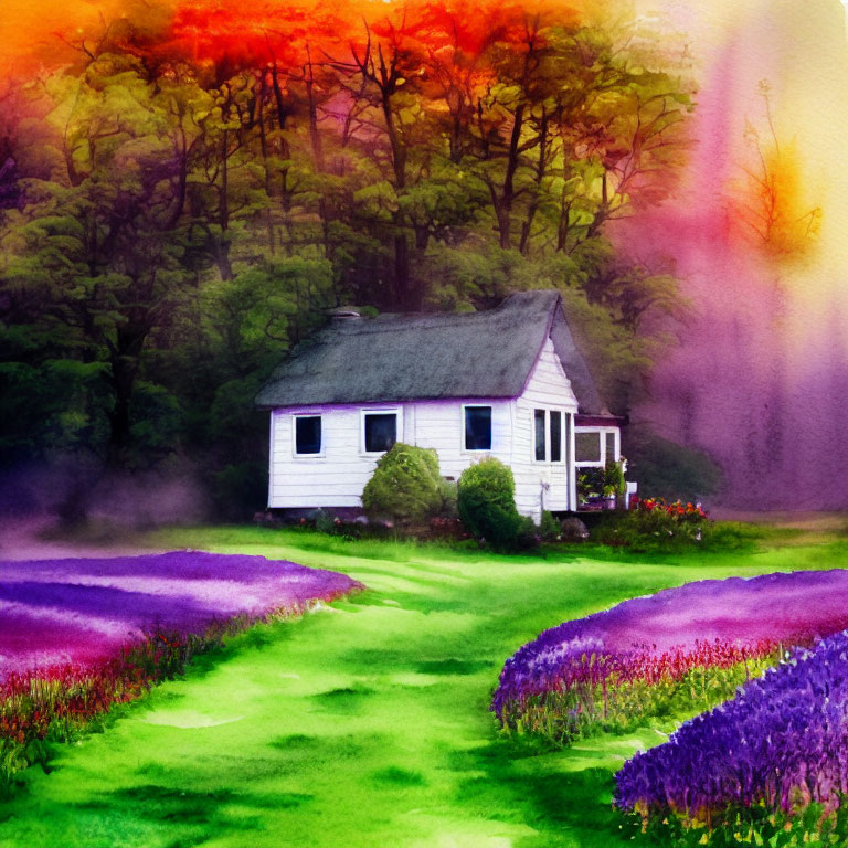 Vibrant painting of white house in garden with purple flowers and misty forest.