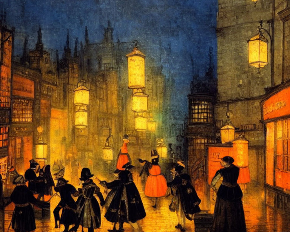 Period Attire People on Lantern-Lit Street at Dusk