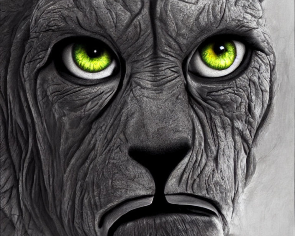 Detailed Monochrome Lion Drawing with Bright Green Eyes