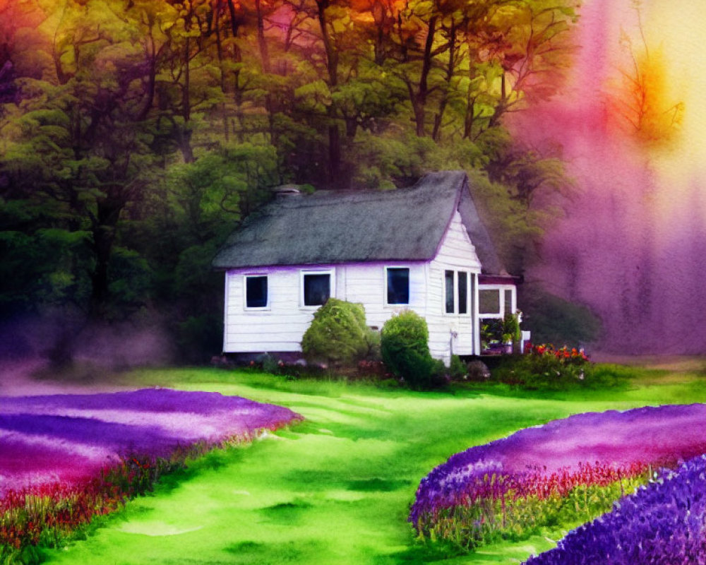 Vibrant painting of white house in garden with purple flowers and misty forest.