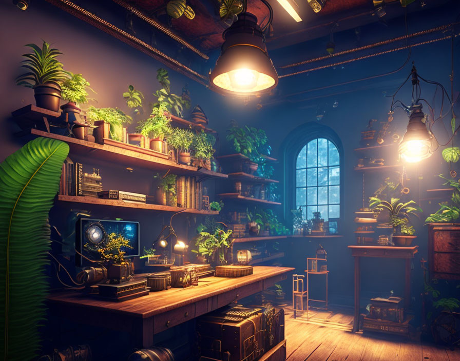 Vintage study with plants, warm lighting, wood furniture, and aquatic computer scene