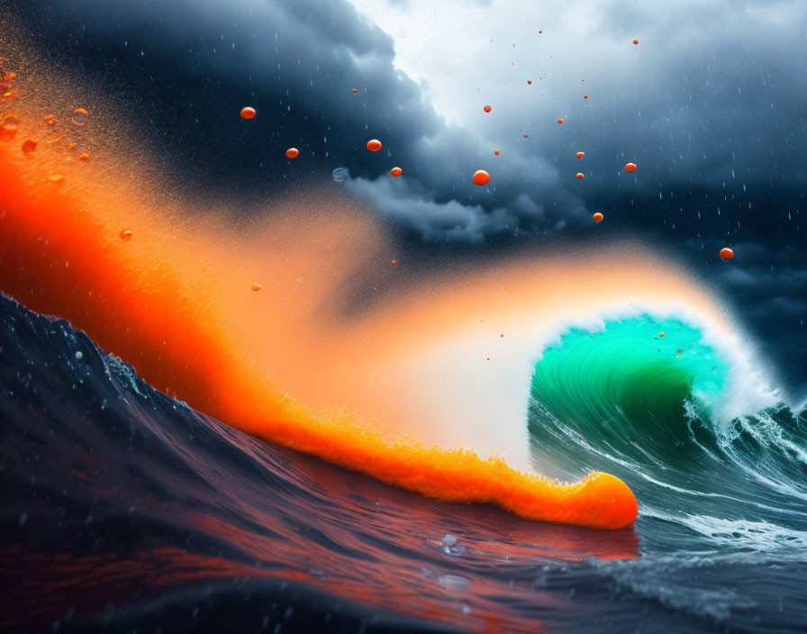 Stormy sky over dark sea with vibrant orange wave and red droplets