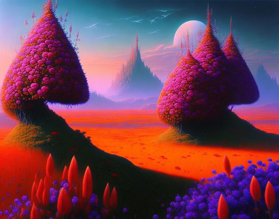 Colorful Fantasy Landscape with Purple Trees, Red Grass, and Moon