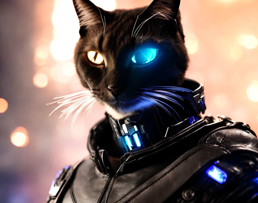 Digitally altered cat with cybernetic eye and collar in leather jacket on bokeh background