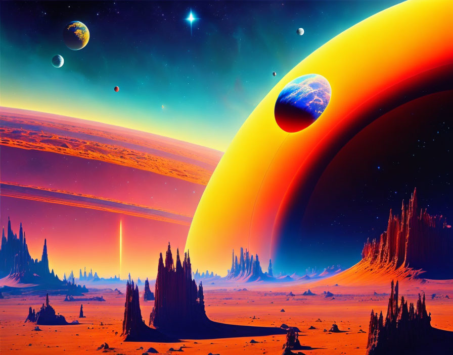 Vibrant sci-fi landscape with towering rock formations and celestial bodies