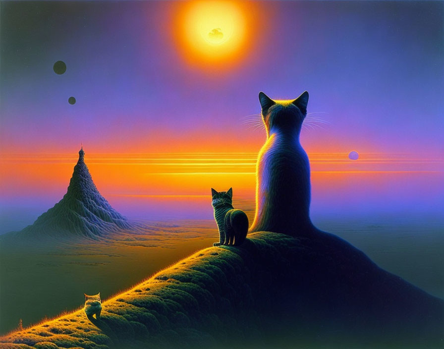 Two cats in surreal landscape with bright sun, planets, skies, mountain.