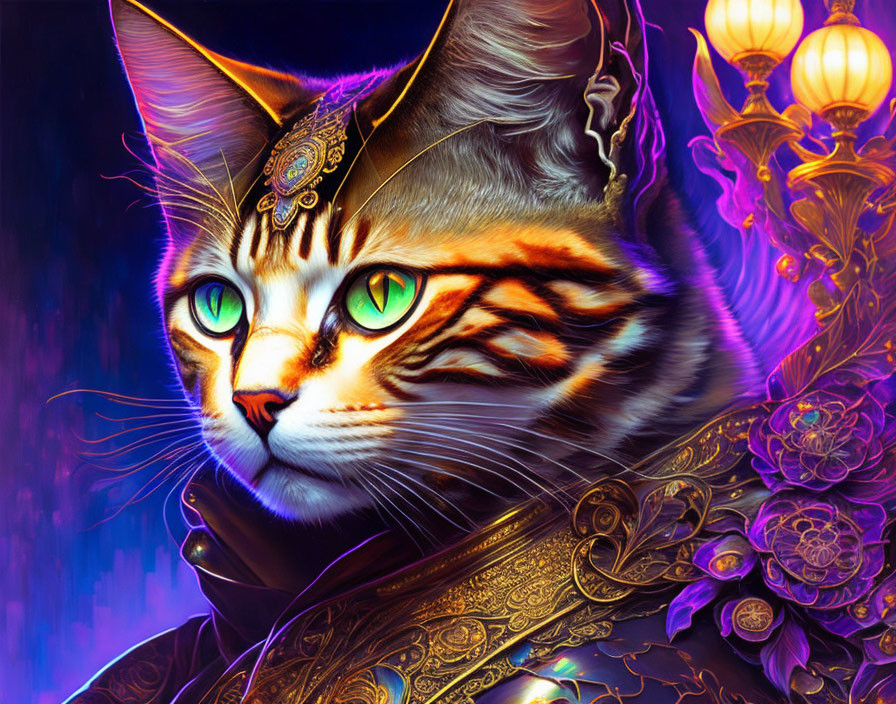 Regal cat digital artwork with green eyes in traditional attire on blue and purple background.