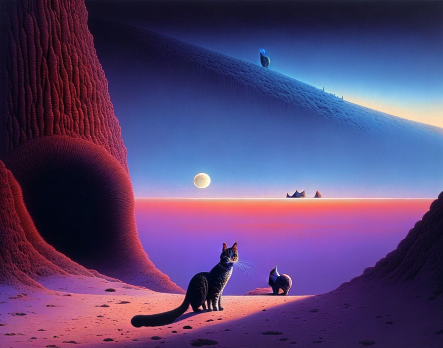 Surreal landscape with large cats, red rocks, moon, twilight sky