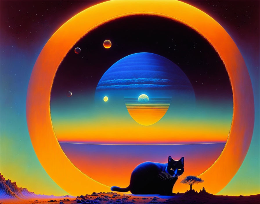 Surreal black cat with cosmic planets and moons in illustration