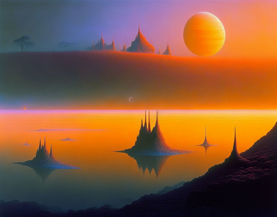 Surreal landscape with spiky towers, water reflection, gradient sky, sun, and moon