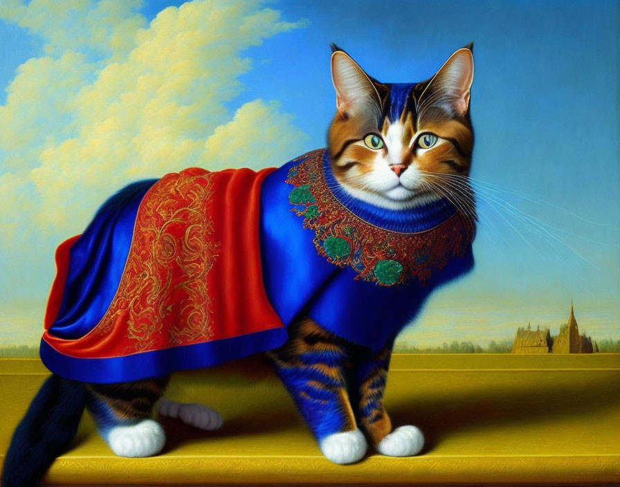 Digital Artwork: Cat in Blue and Red Royal Costume on Cloudy Landscape