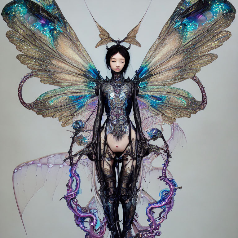 Digital artwork of female figure with iridescent butterfly wings and ornate body armor