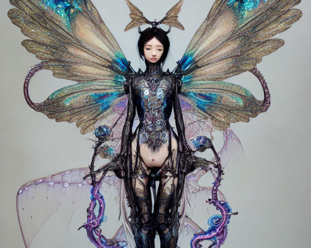 Digital artwork of female figure with iridescent butterfly wings and ornate body armor